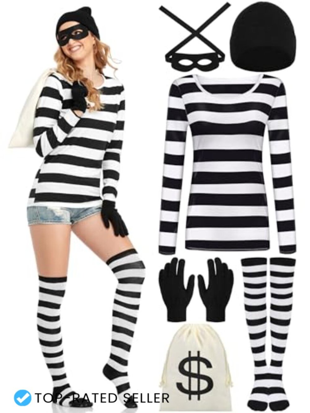 Womens Robber Costume Set Striped T-Shirt Gloves Hat Money Bag Socks Halloween